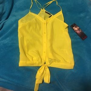 Sophia V yellow button down tie racerback tank